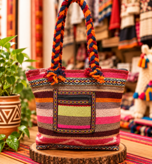 BOLSO ARTESANAL ANDINO MULTICOLOR CON ASAS TRENZADAS