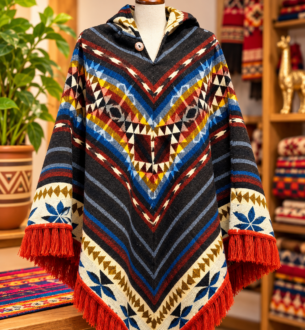 PONCHO ARTESANAL ANDINO MULTICOLOR CON CAPUCHA Y FLECOS
